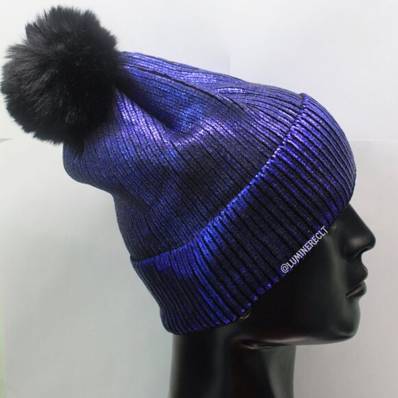 Deep Blue Purple Beanine metallic with pom pom - Picture 3 of 4